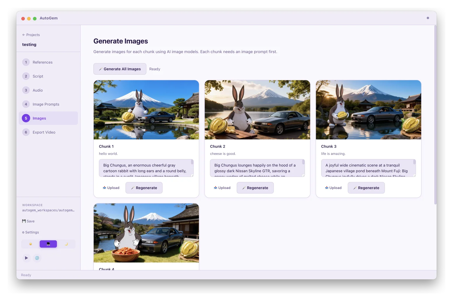 AutoGem desktop app showing generated images for a video project with per-chunk review